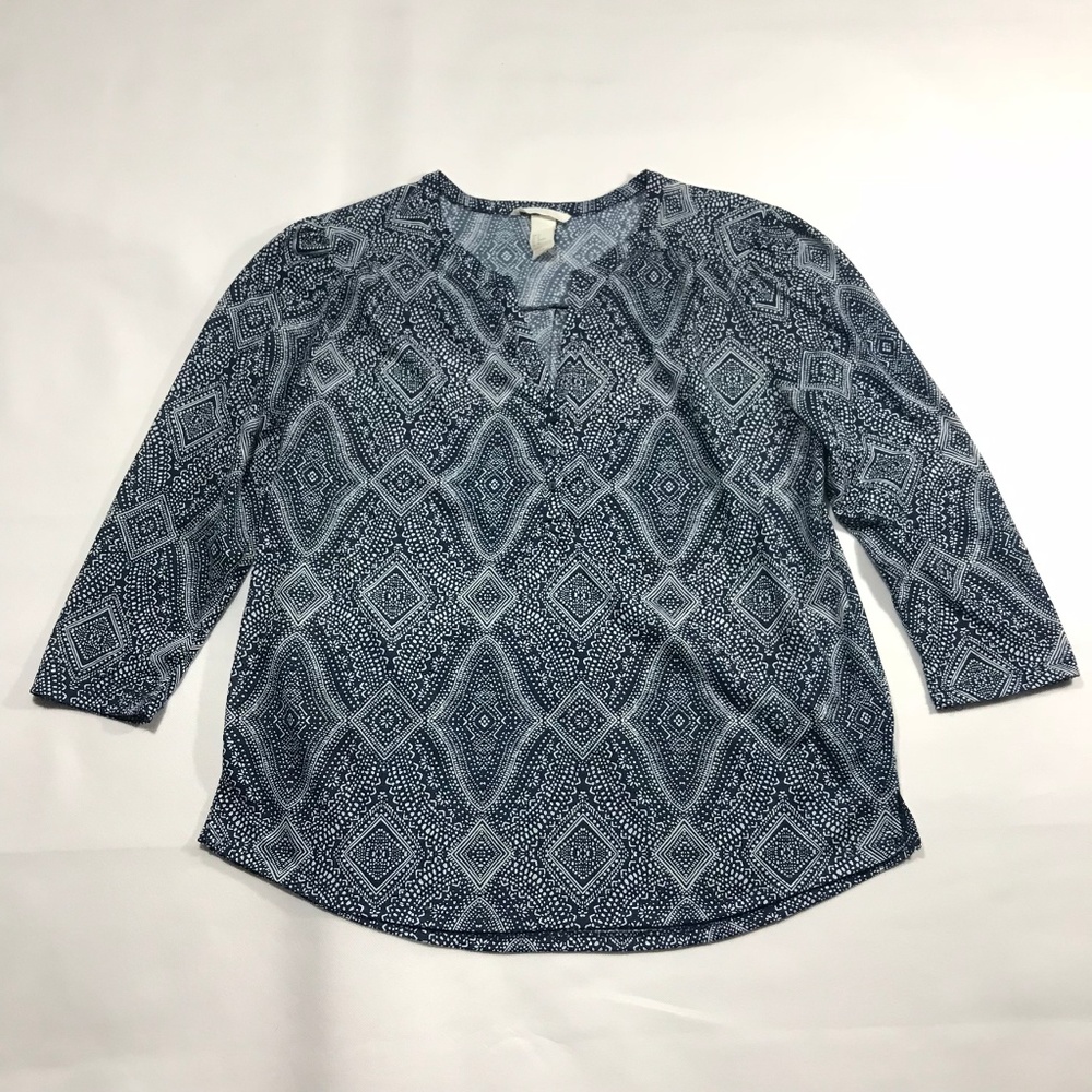 H&M Lightweight Pullover Top Blue White Print Boho